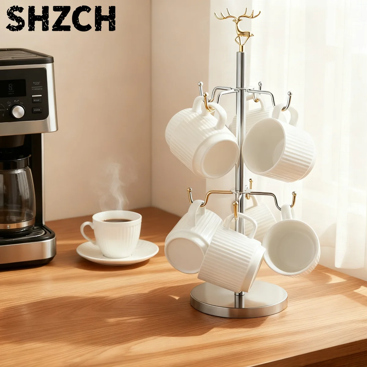 Mug Tree Holder with 8 Hooks, Display Stand, 2 Tier Mug Tea Cups Holders Countertop, Coffee Mug Tea Cup Stand Storage