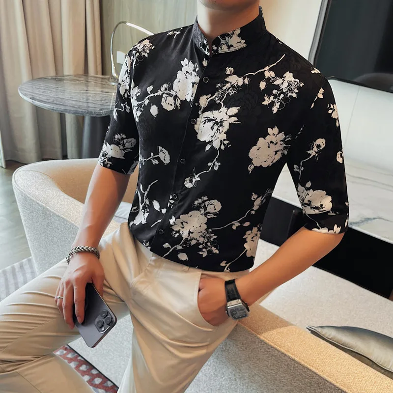 

Black/White Summer Fashion Print Half Sleeve Shirts Men 2024 New High Quality Slim Fit Casual Prom Tuxedos Plus Size 4XL-M