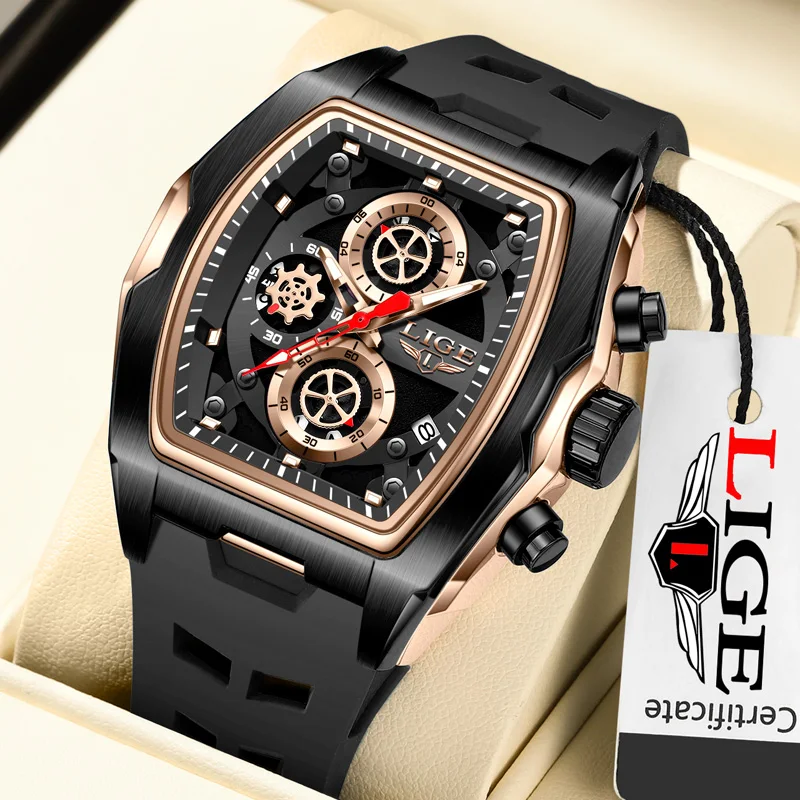 

LIGE Золотые кварцевые часы мужские модные военные спортивные наручные часы с хронографом со светящимися стрелками автоматическая дата силиконовый ремешок + коробка