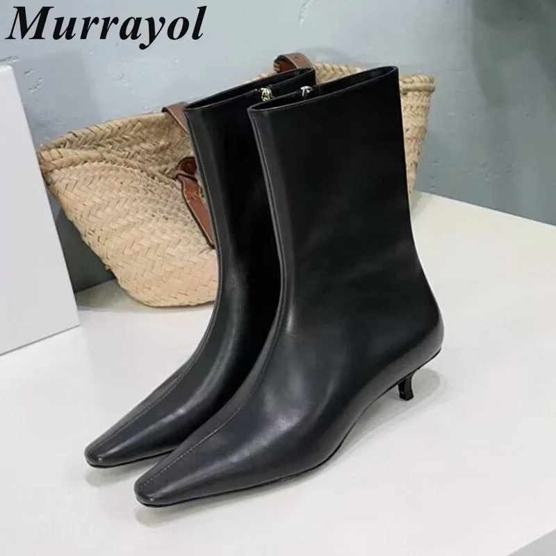 Genuine Leather Kitten Heel Mid Calf Botts Women Pointed Toe Zipper Short Boots Ladies British Style Autumn Winter Chelsea Boots
