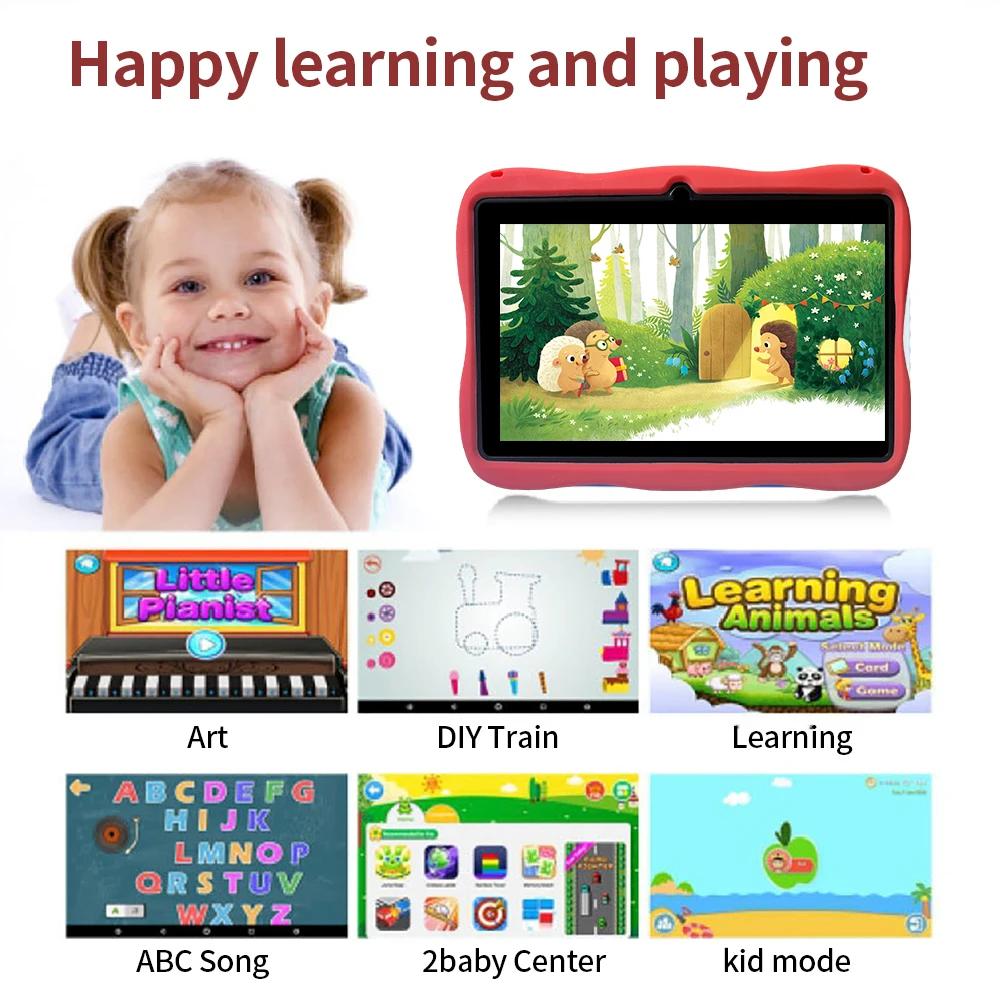 Crianças Tblet 4GB RAM 64GB ROM Android 9 Câmeras duplas com suporte para jogos de aprendizagem e educacionais Tela IPS 1024 * 600