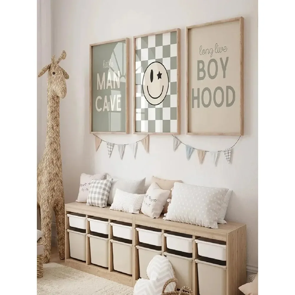 Nursery Checkered Sage Green Smiley Long Live Boyhood Quote Poster  Print Canvas Painting Wall Art for Kids Room Decor  Home Dec