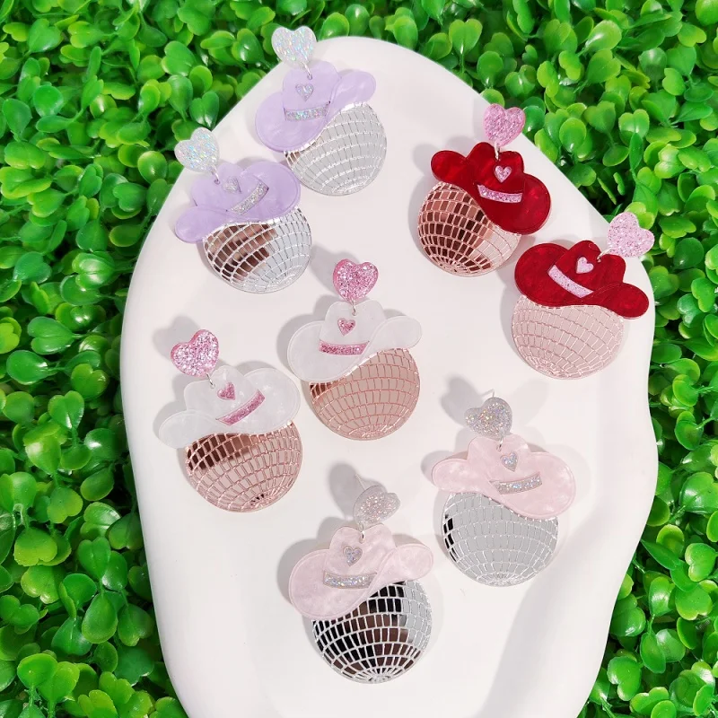 KUGUYS Mirror Acrylic Cowgirl Hat Disco Ball Earrings for Women Statement Jewelry Cute Accessories Gift for Her