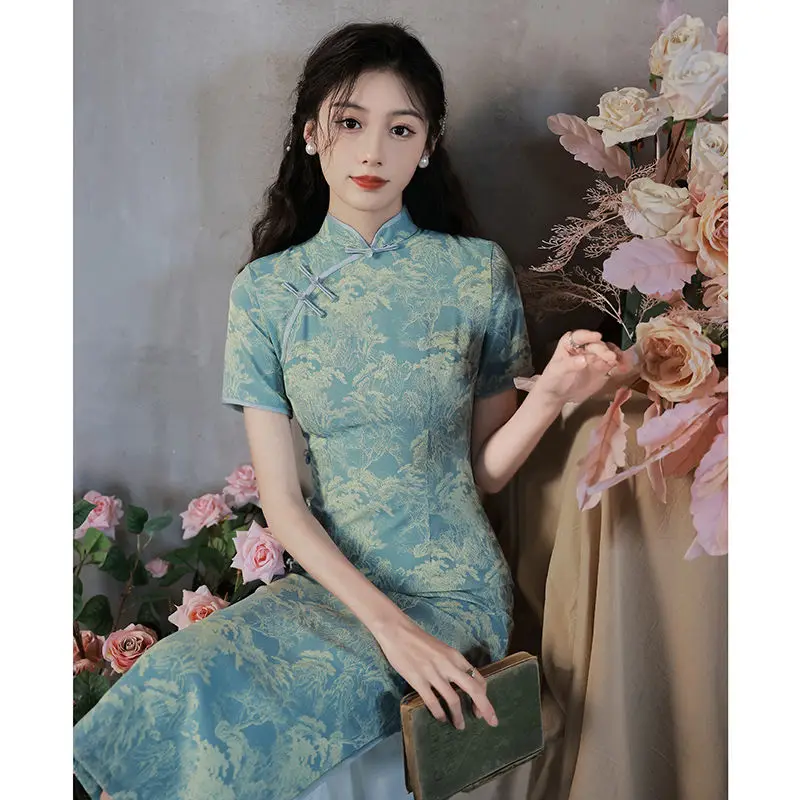 

Yourqipao Green Old Shanghai Cheongsam 2023 New Summer Women Girls Chinese Hanfu Tang Suit Improved Long Evening Dresses