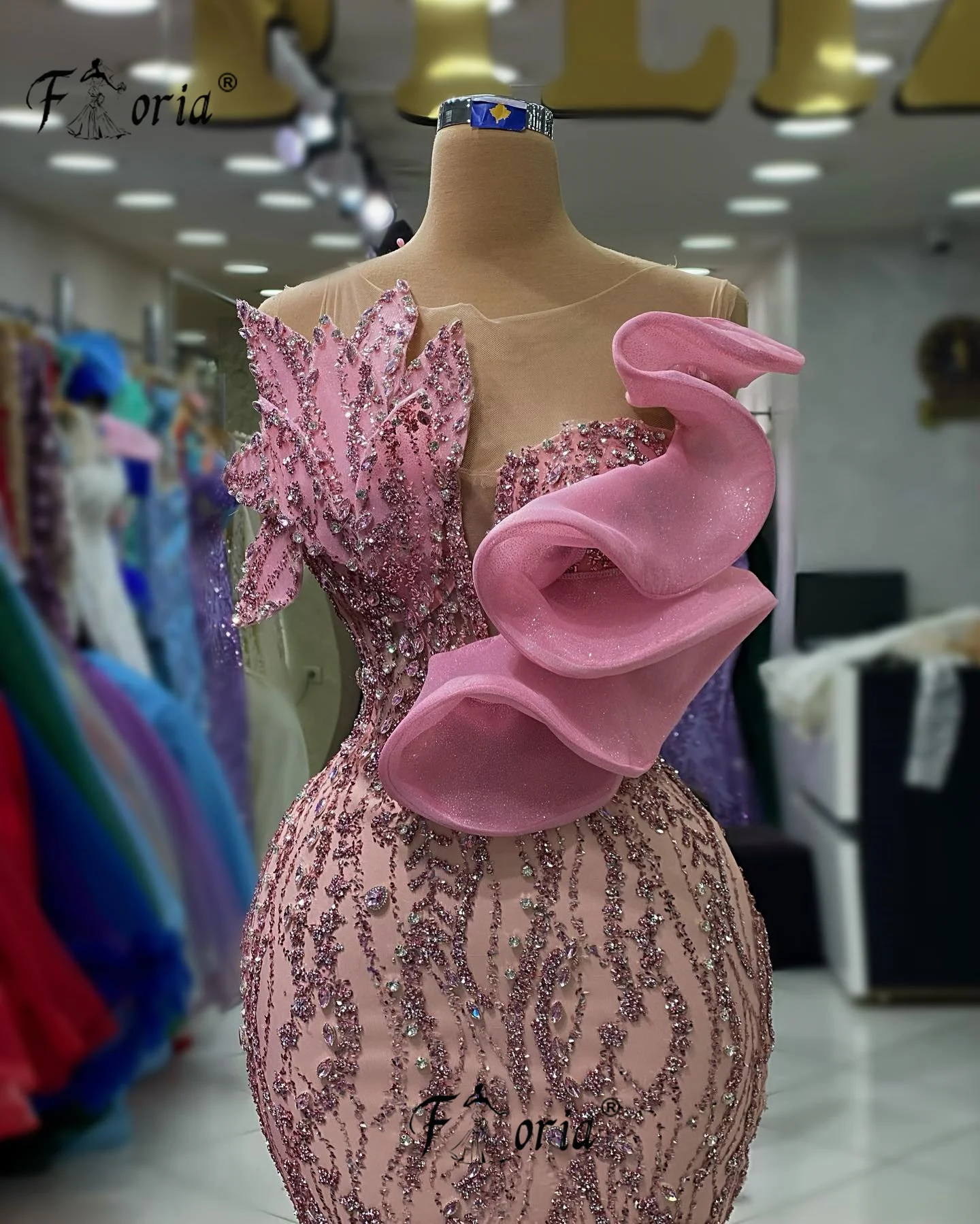 Robe de Soirée Longue en Forme de Sirène Rose, Tenue de Bal, Couture à Volants, avec des Appliques de Perles Transparentes, à Paillettes, pour ixde Mariage