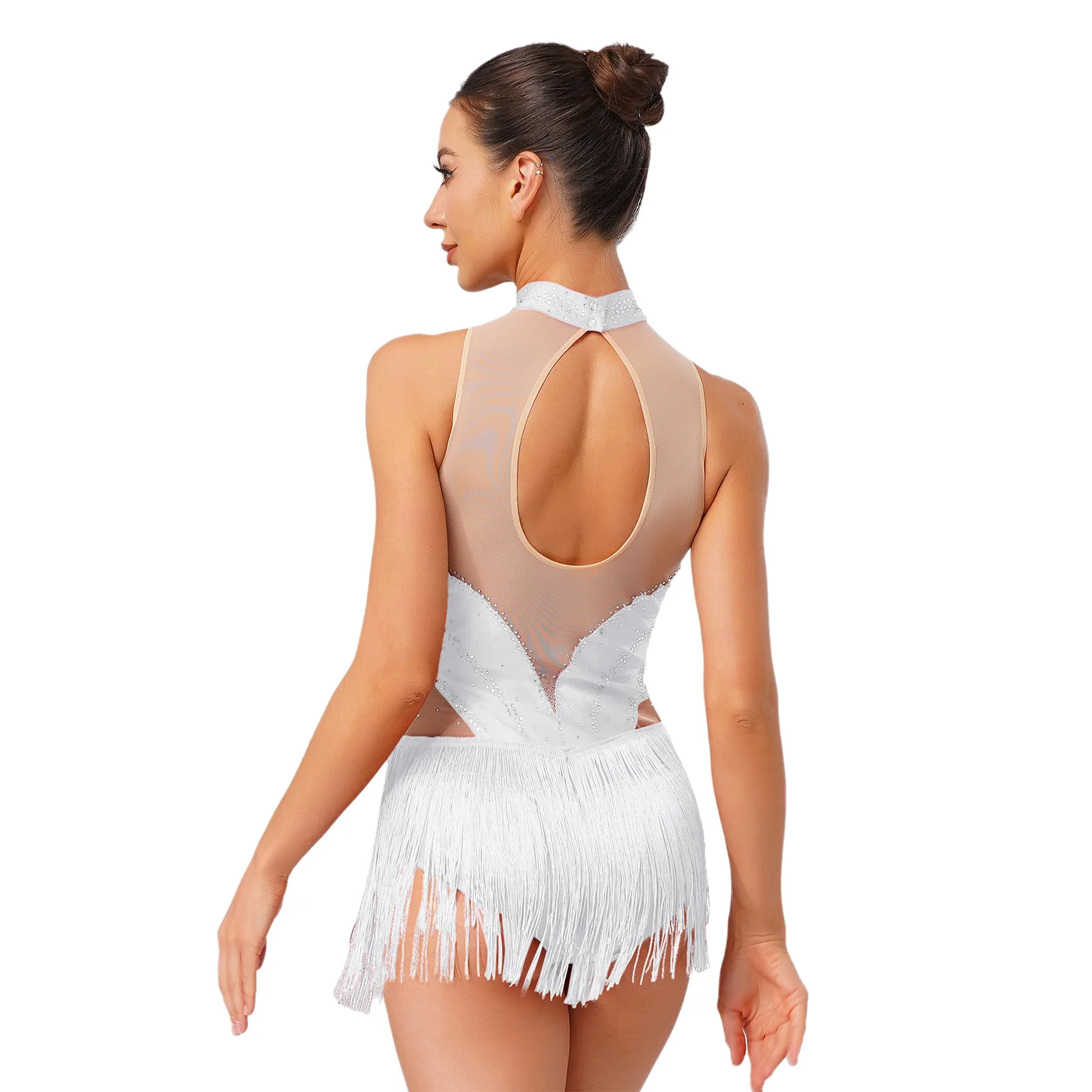Women Tassel Latin Dance Leotard Jazz Figure Skating Tango Cha-cha Samba Rumba Clothes Sleeveless Shiny Rhinestone Mesh Bodysuit