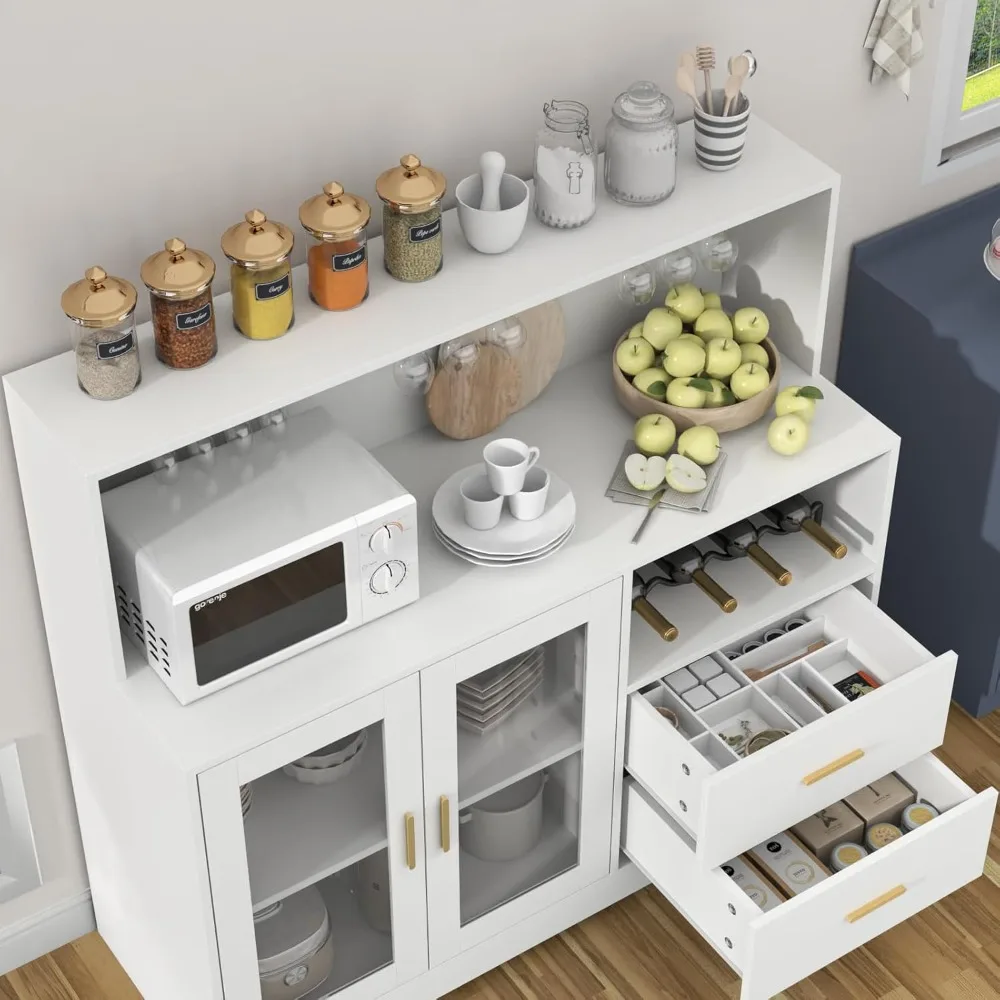 Wine Bar Cabinet with LED Light, Home Coffee Bar Cabinet with Wine & Glass Rack, Buffet Sideboard with Drawers & Microwave Stand