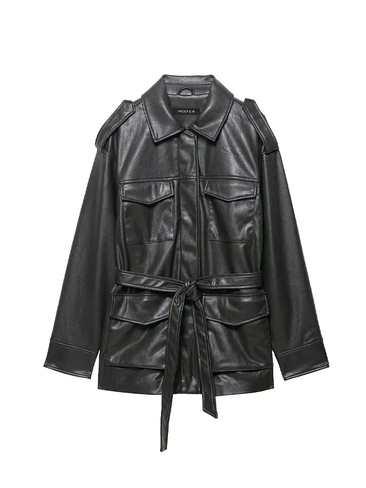 

Женская весенняя модная куртка HH: черная, с отложным воротником, длинными рукавами, карманами, на шнуровке и молнии, повседневное пальто в уличном стиле