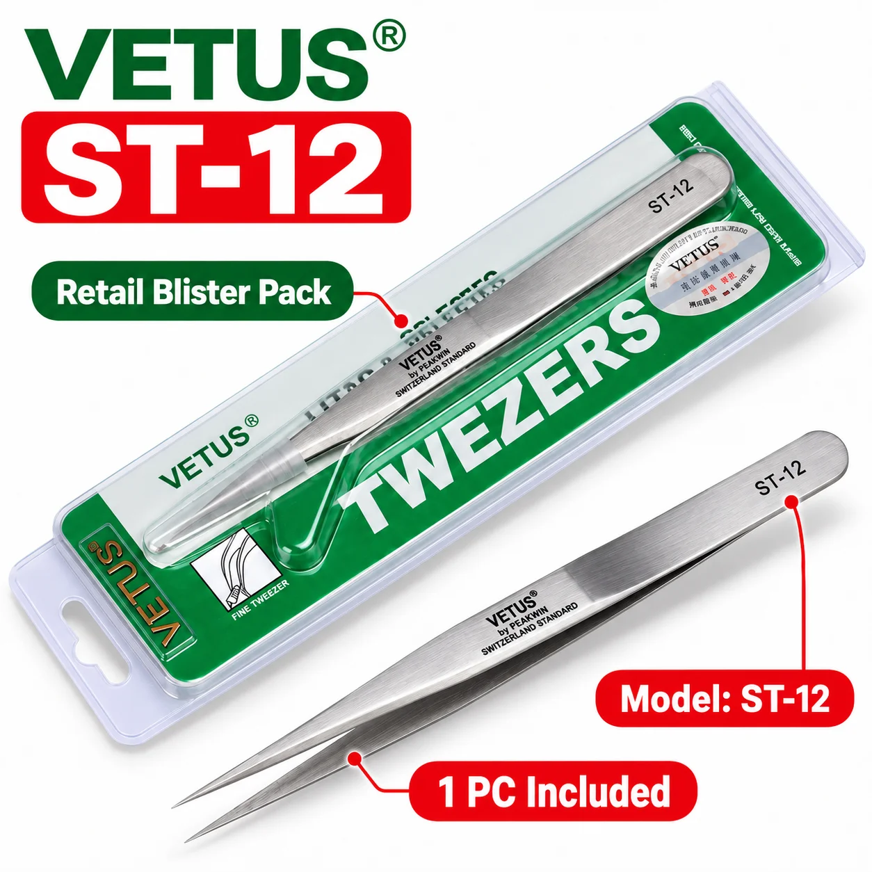 1 Stück Vetus Edelstahl-Pinzette Elektronik HRC-40 Präzisions-DIY-Pinzette Handwerkzeuge ST-12 – Detail 1