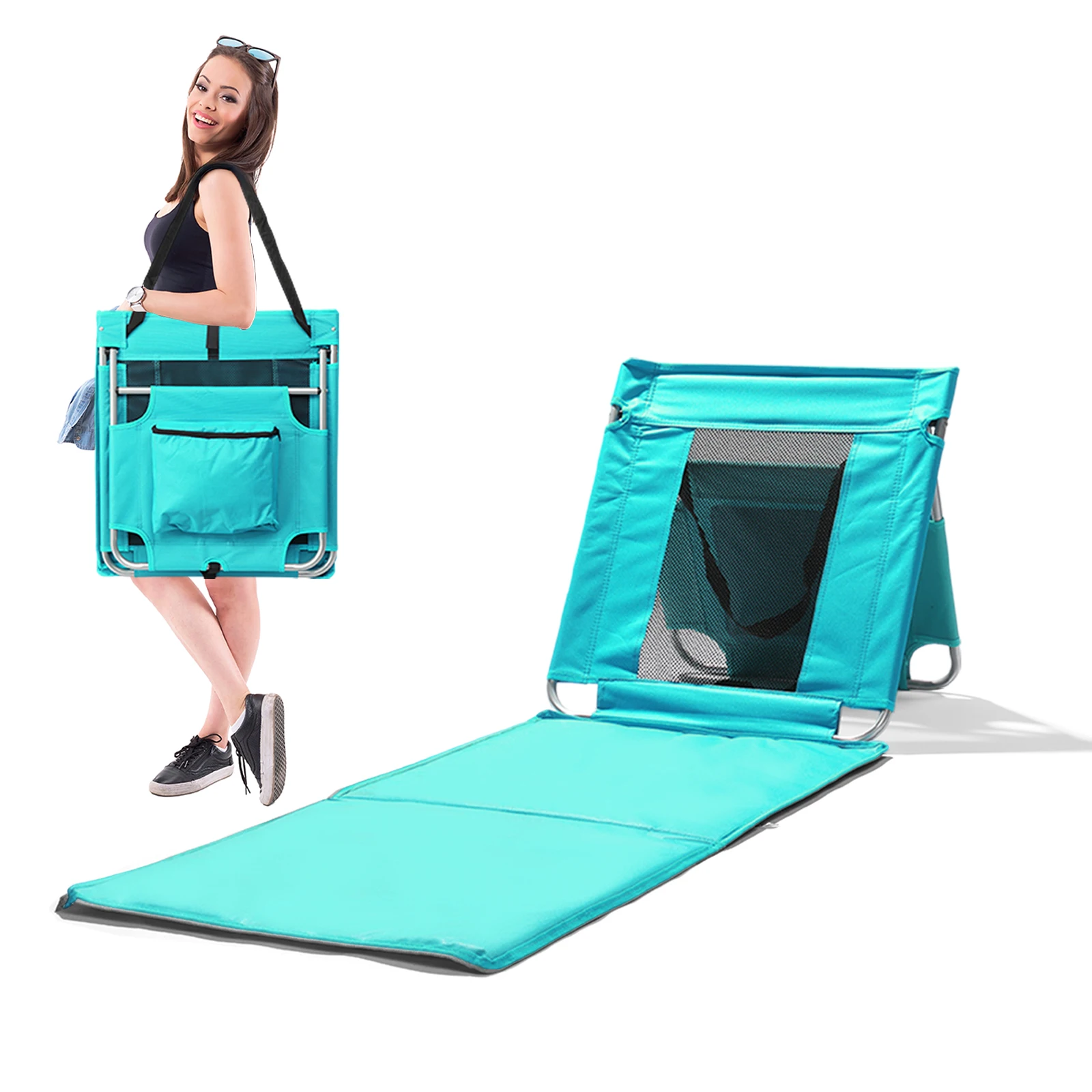 

Foldable Beach Lounger, Lightweight Beach Mat Lounge Chair with Breathable Mesh Back, Cooler Pocket for Tanning Relaxing