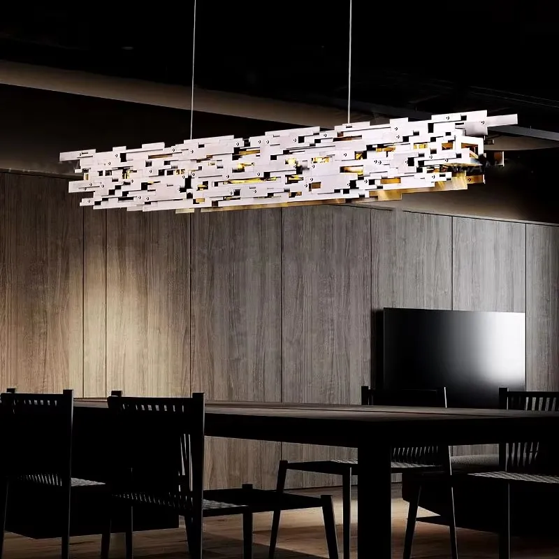 

2025 Modern art rectangular Stainless Steel LED Hanging Chandelie lustre Ceiling Height adjustable for Kitchen island counter