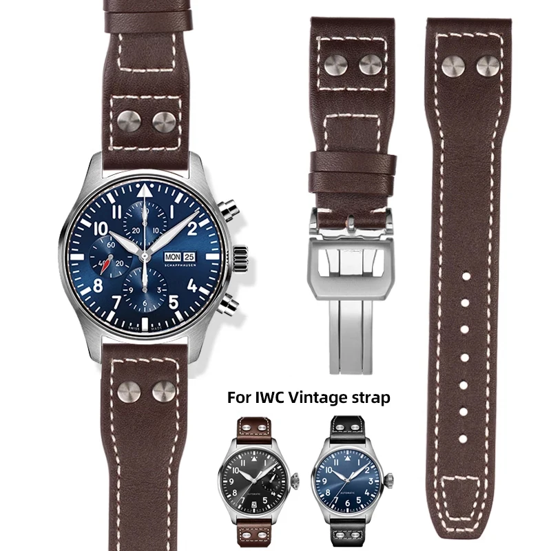 21 22mm Bracelet Retro Genuine Leather Rivets strap For IWC Big Pilot Spitfire Mark18 Vintage Brown Black Blue Cowhide Watchband