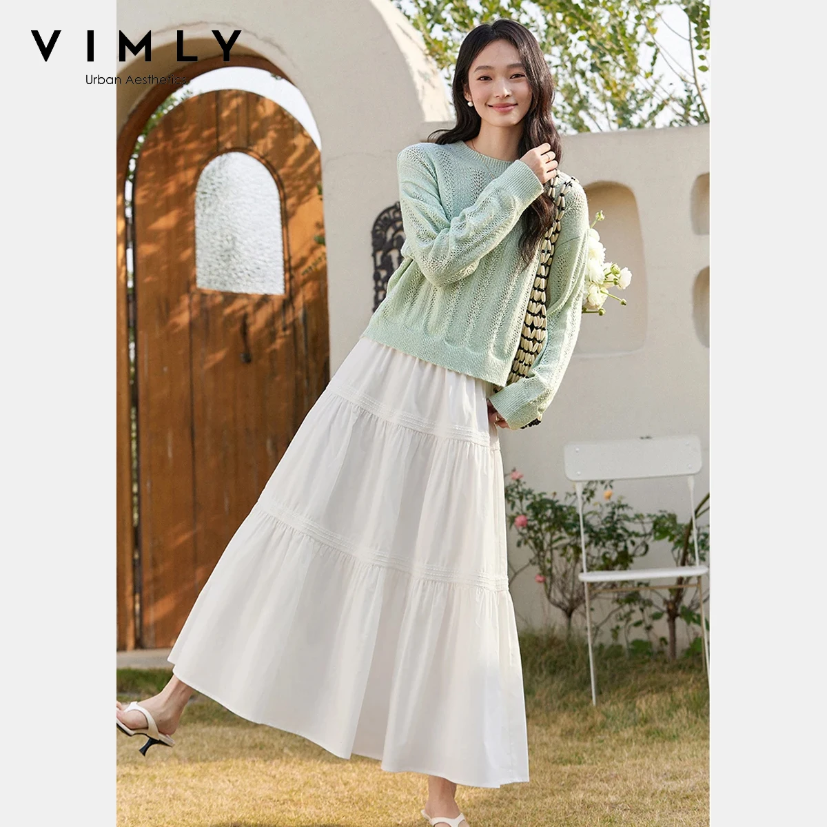 VIMLY Women's White Long Skirt 2026 Autumn Middle Waist A-line Loose Tiered Ruffle Casual Elegant Mid Length Daily Wear A0677