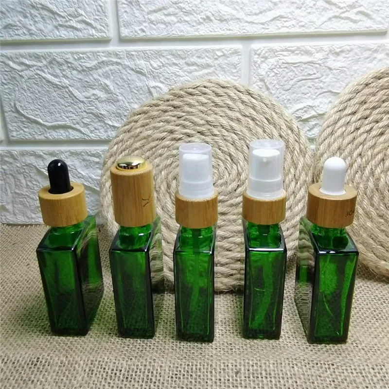 대나무 뚜껑이 달린 휴대용 작은 유리 병 빨간색/파란색/녹색 사각형 에센셜 오일 Dropper 병 리필 가능 빈 포장 병