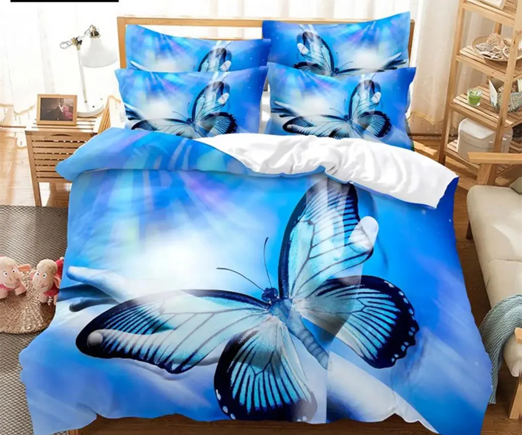 Blue Butterfly Duvet Cover Set King Queen Twin Size Double Bed Single 3D Queen Bedding Sets Pink Quilt Cover with 2 Pillowcases