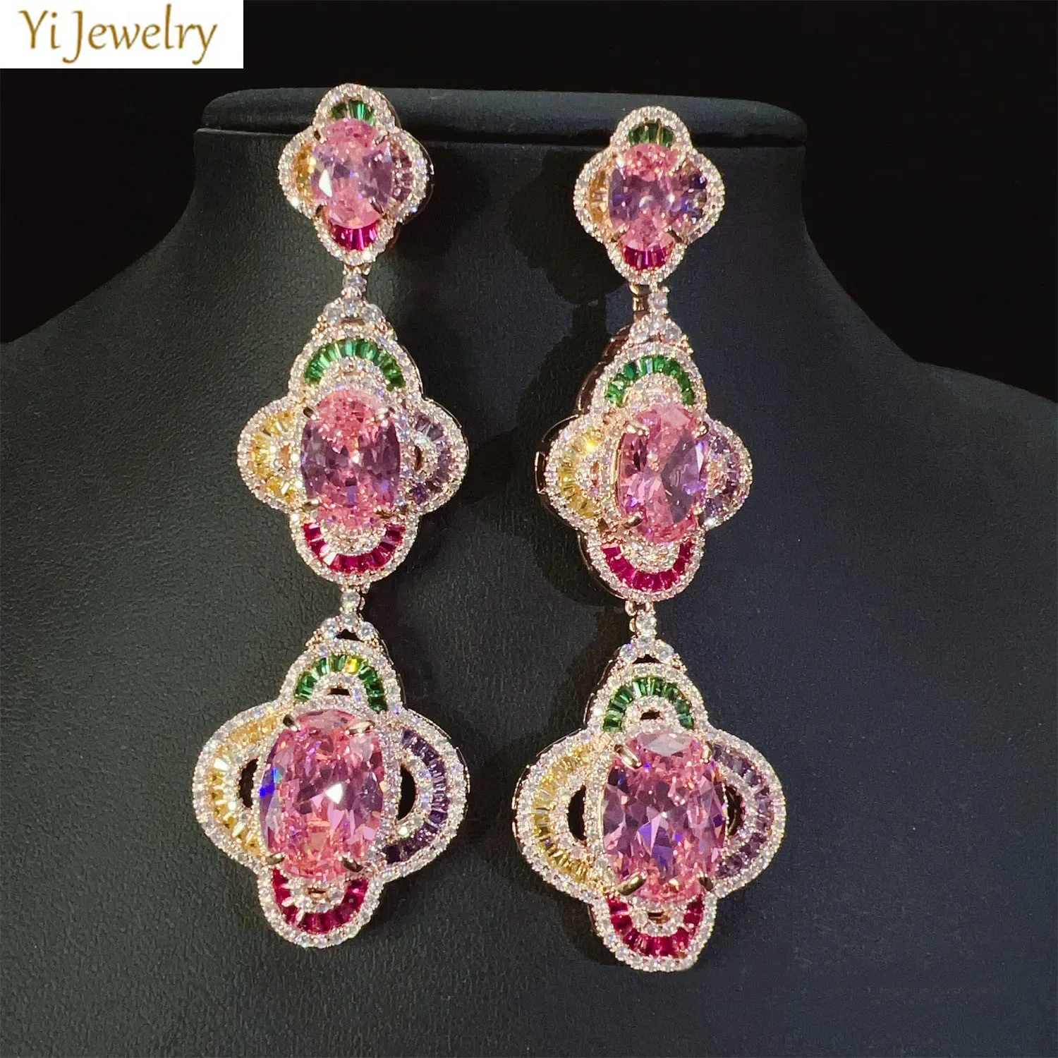 

Classy Earrings Wedding Bride Luxury Jewelry Shiny Zircon Pink Red Green White Flower Pendant Earrings Long Large Vintage