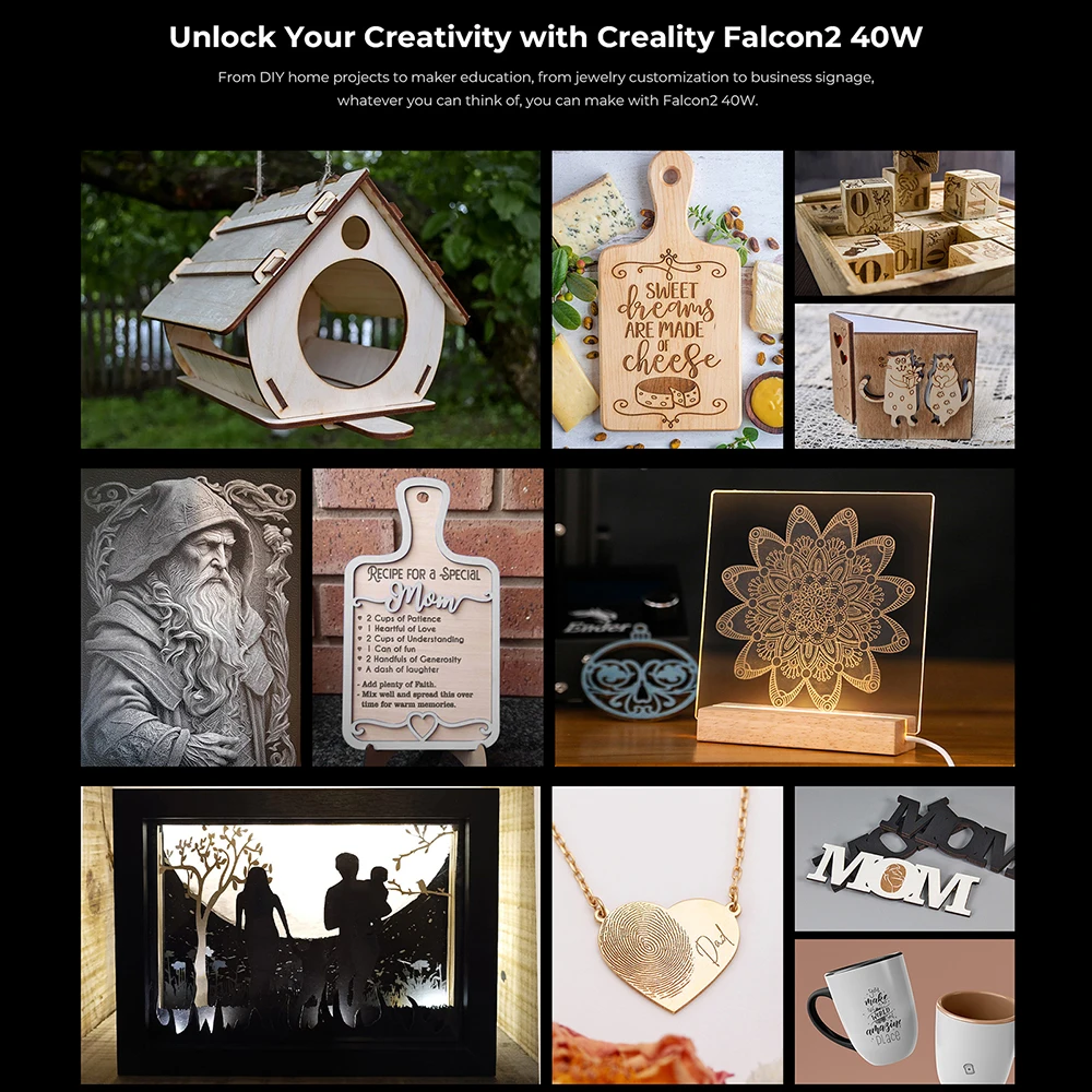 Incisore laser Creality Falcon2 e kit rotativo a mascella 3in1 Pacchetto di aggiornamento professionale Testa laser da 12 W con sistema di assistenza aerea integrato