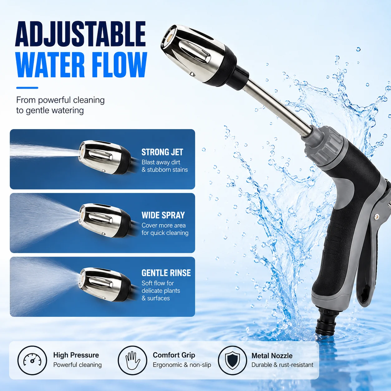 High Pressure Car Wash Water Gun, Alloy Garden Hose Spray Nozzle with Long Pole Rubber Grip for Cleaning Watering