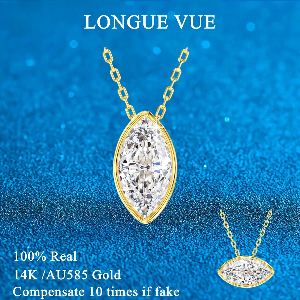 

100% 14K Gold Marquise Cut Moissanite Pendant Necklace for Women Wedding Solitaire Choker Minimalist Luxury Collarbone Chain
