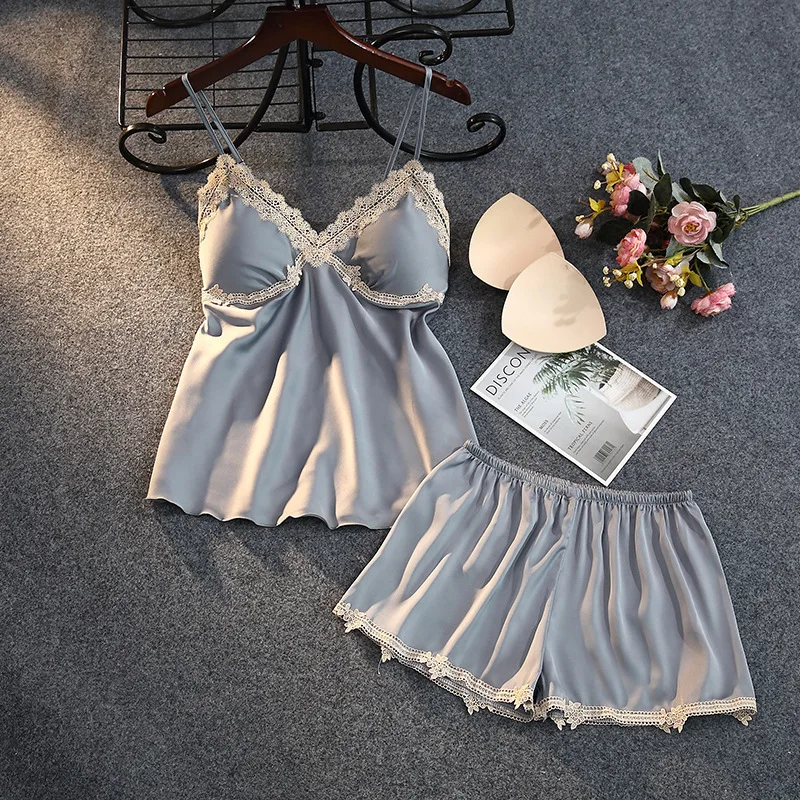 

Женский комплект пижамы из 2 предметов: кружевной топ на бретельках и шорты, летний сексуальный комплект для сна, шелковистая атласная ночная сорочка, домашняя одежда