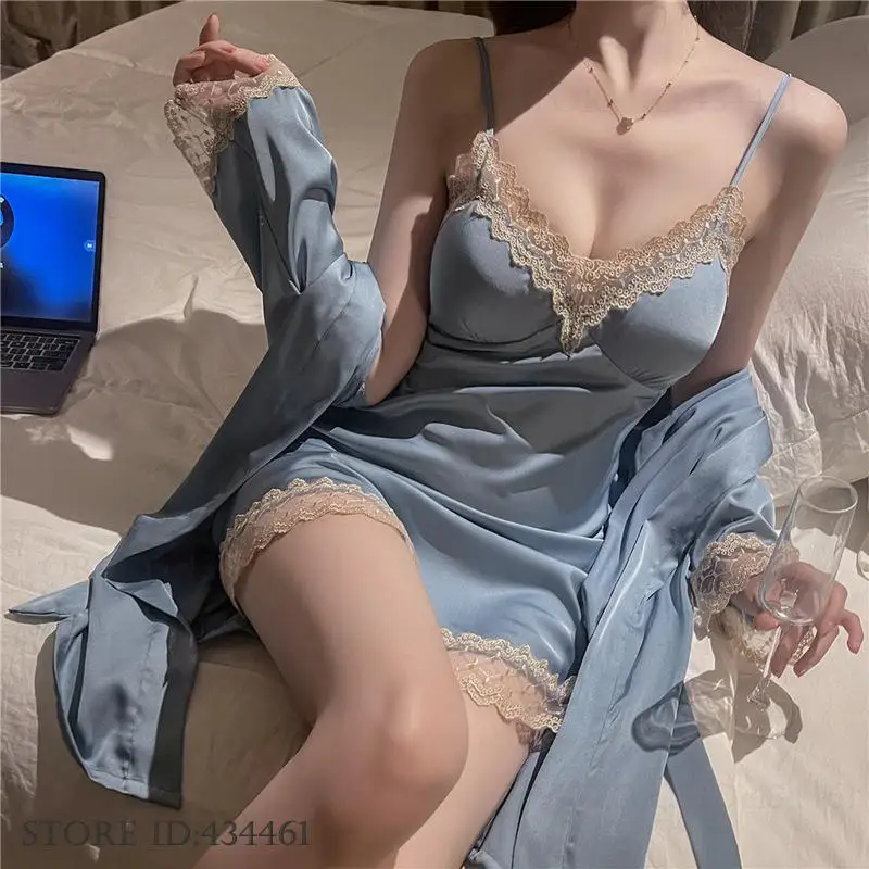 

New Female 2Pcs Nighty&robe Set Nightgown Sexy Lace Nightgown Bathrobe Spring Summer Women's Sleepwear Home Clothing Loungewear