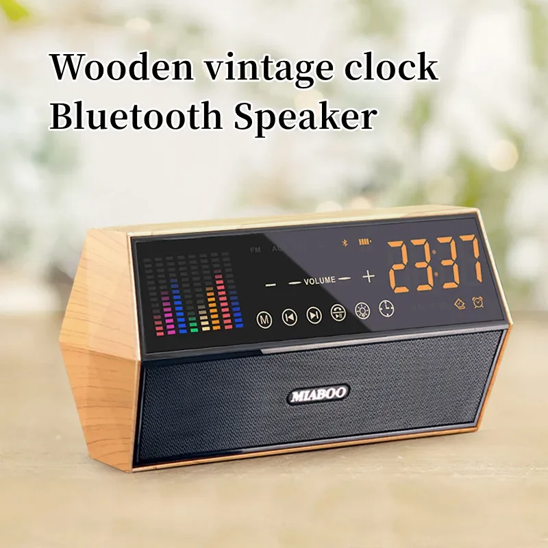 Retro Wooden Bluetooth Speaker FM Radio Colorful Spectrum Display 10W Stereo