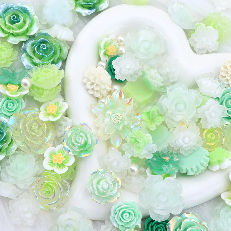 10Pcs Baroque Colorful Green Series Flower DIY Bracelet Necklace Perforated Beads Making Mobile Phone Case Cream Gel Resin