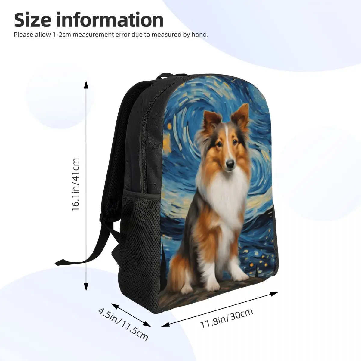 Shetland Sheepdog Dog In A Van Gogh Starry Night Student Backpack School Bag Hiking Travel Daypack Fashion Bookbag Shoulder Bags