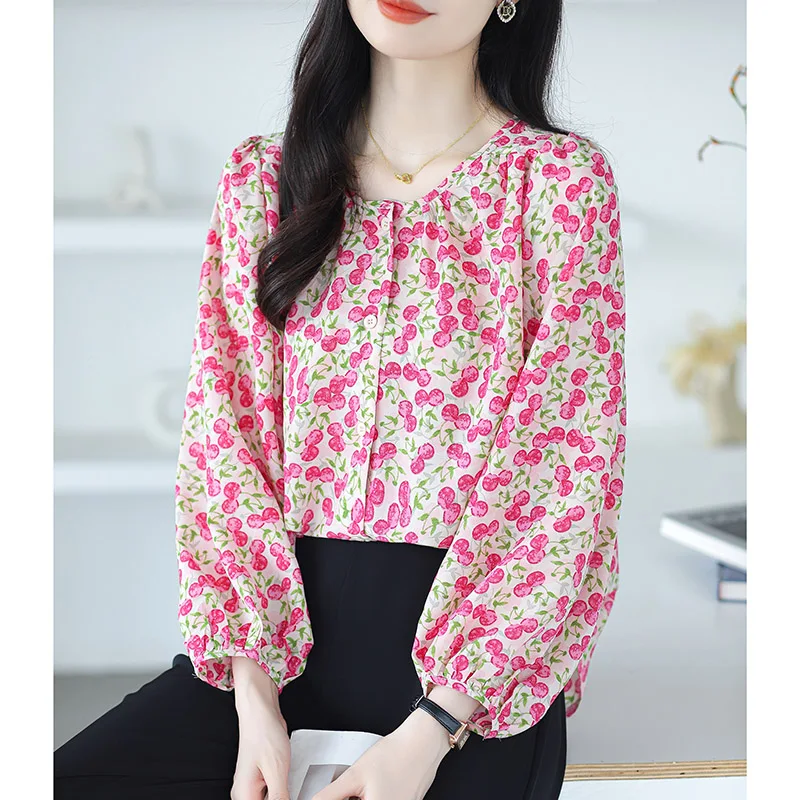 Women Clothing Loose Oversized Medium Long Style Chiffon Shirt Autumn Fashion Elegant O-neck Long Sleeve Blouses Chic Print Tops