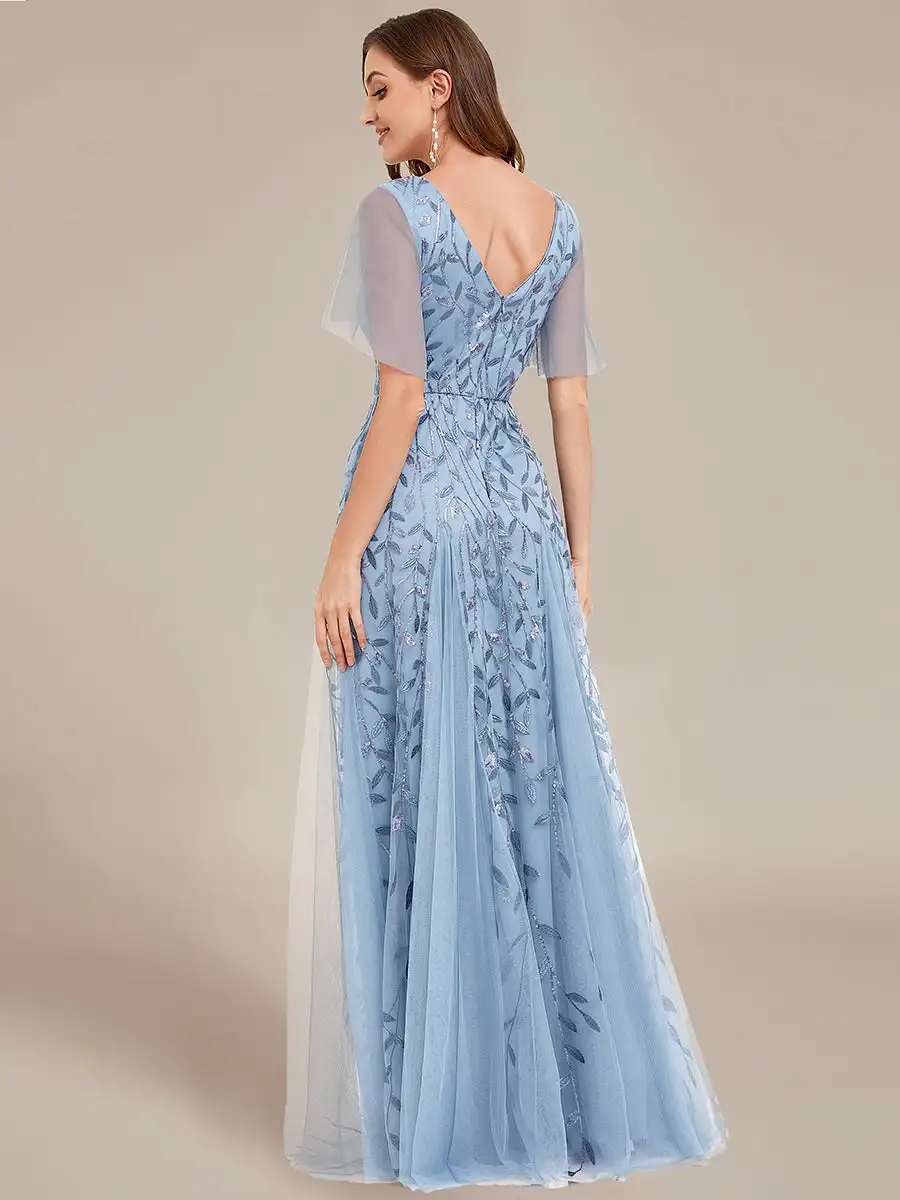 Elegant Evening Dress Deep V-Neck Ruffle Sleeves With Short Sleeves Ever Pretty of 2024 Sky Blue Gauze Sequin Bridesmaid dress