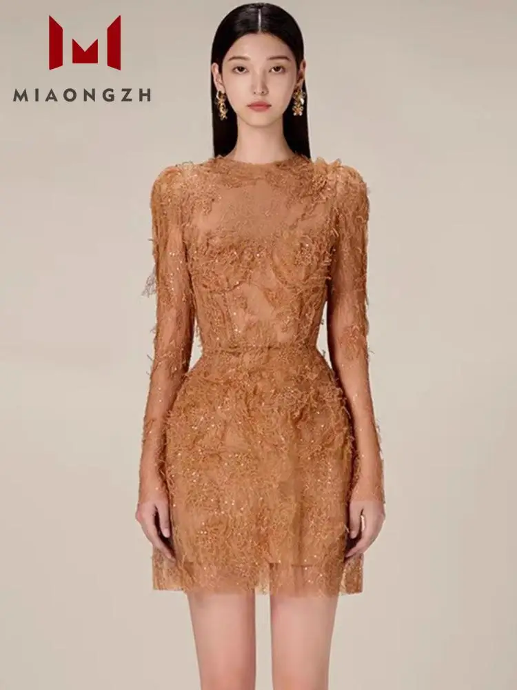 Fashion Women\'s Lace Dress Short Round Neck Long Sleeve Embroidered Hollow Out 2023 Autumn Female Midi Luxury Party Dresses Chic