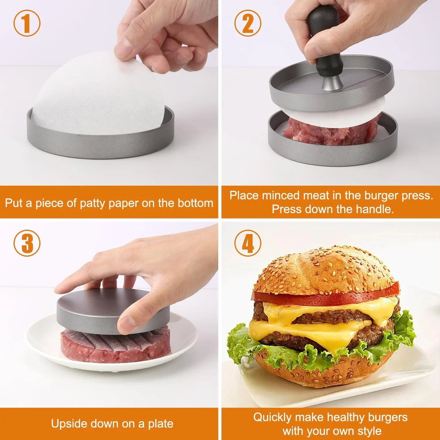 Burger Press Non-Stick Hamburger Patty Maker with Wax Paper Aluminum Burger Maker for Kitchen BBQ Grill Oil Absorbing Paper