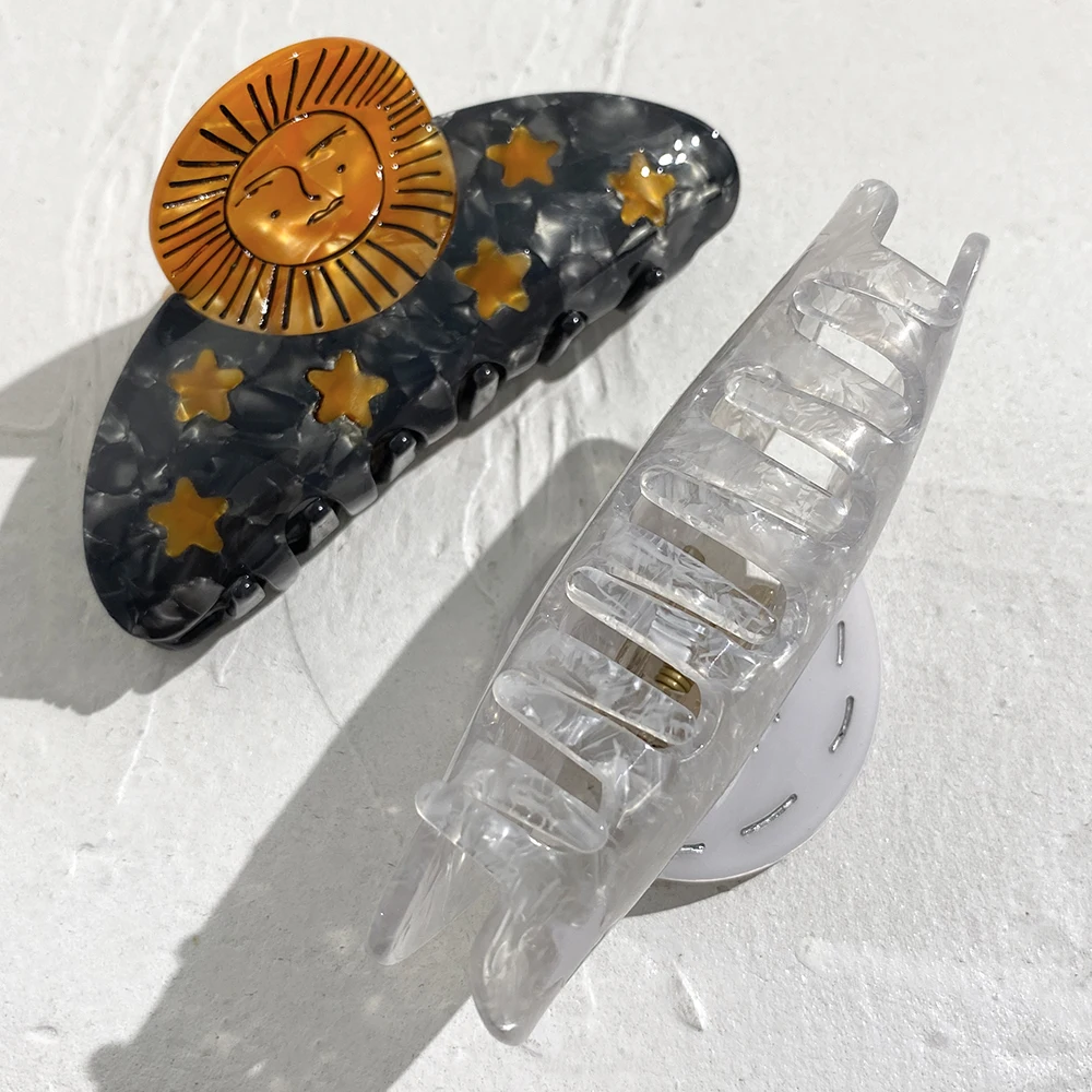 

AENSOA White/Orange Color Moon Stars Acrylic Women's Claw Clip Artistic Popular High Ponytail Fixed Hairpin Y2K Original Design