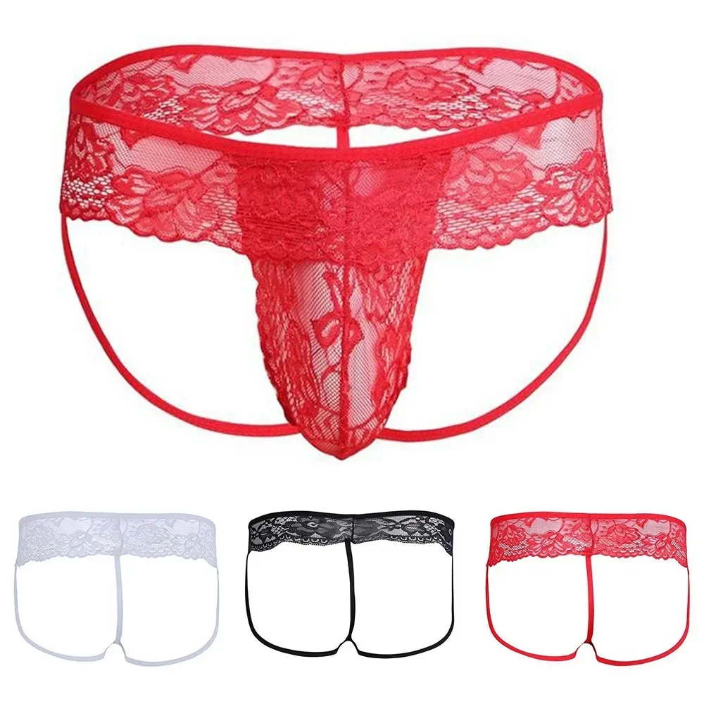 New Men Lace See Through Sissy Embroidered Pouch Bulge Thong Briefs Underwear Panties Underpants Erotic Hollow Men's G-string