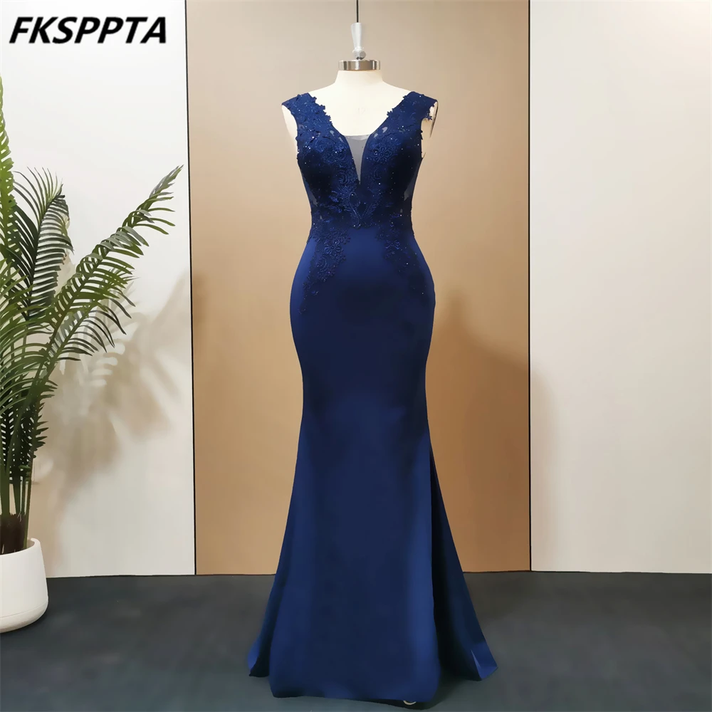 

Navy Blue Formal Evening Dress 2023 Appliques Satin See Through Back Mermaid Long Prom Party Gowns For Women Wholesale