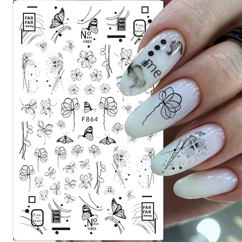 Butterfly Flower Cherry Nail Sticker Line Art Leaf Black White Nail Art Russian Water Transfer Decal Simple Nail Supplies