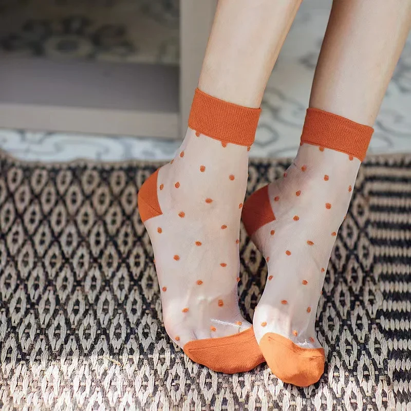

New Summer Women Socks Fashion Elastic Transparent Ultra-thin Mesh Socks Harajuku Polka Dot Glass Fiber Silk Female Short Socks