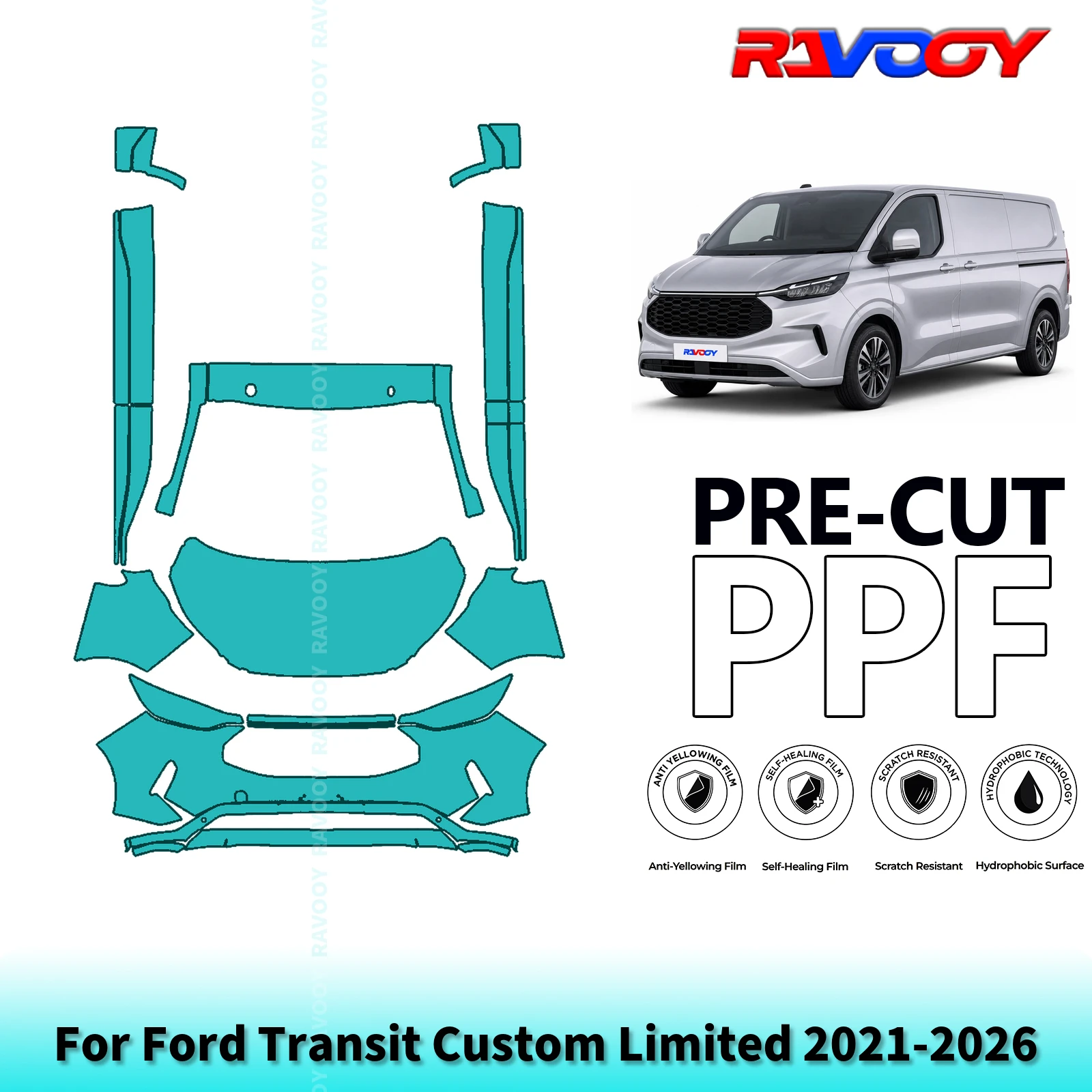 For Ford Transit Custom Limited 2021-2026 Full Front+Rockers Pre-Cut Paint Protection Film PPF Clear Bra Kit | Clear/Matte/Black