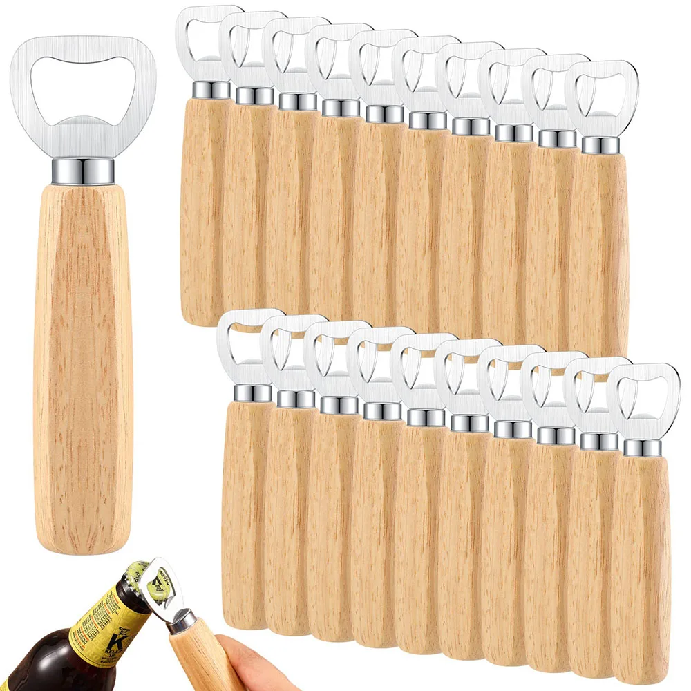 10pcs Stainless Steel Bottle Opener Bartender Wood Beer Opener Cider Wine Opener Bottle Opener with Wooden Handle Engraved Gift