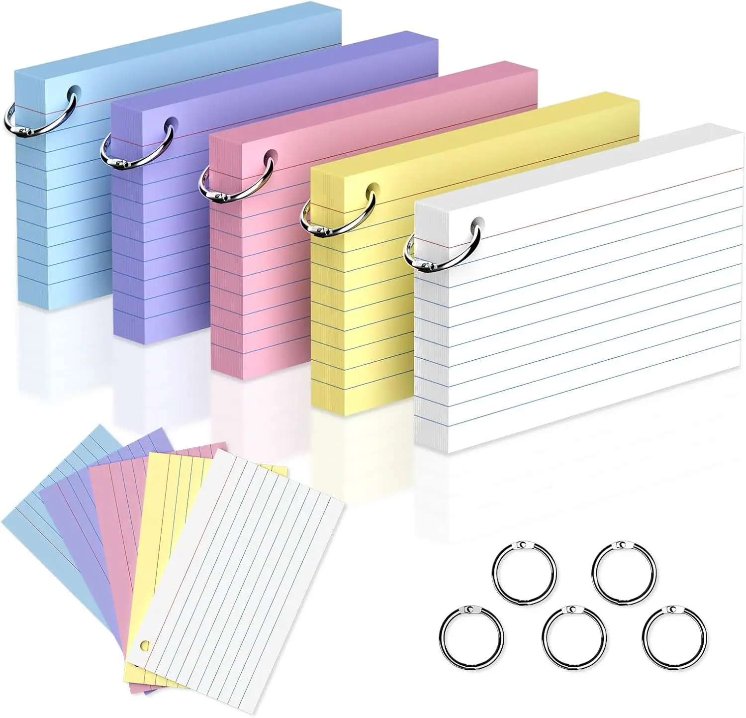 250 عدد بطاقات الفهرس الملونة 5 ألوان 3 × 5 بوصة لوحة مذكرة مبطنة مع حلقة رئيسية ملاحظة تدوين ملاحظات لاصقة للدراسة للمنزل والمدرسة #1