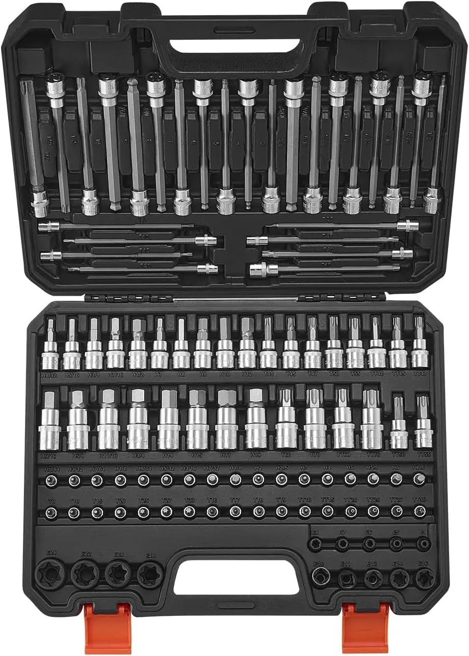 

Набор торцевых ключей SAE/метрических из 107 предметов с шестигранными, Torx и антивандальными битами и кейсом для хранения - прочная легированная сталь