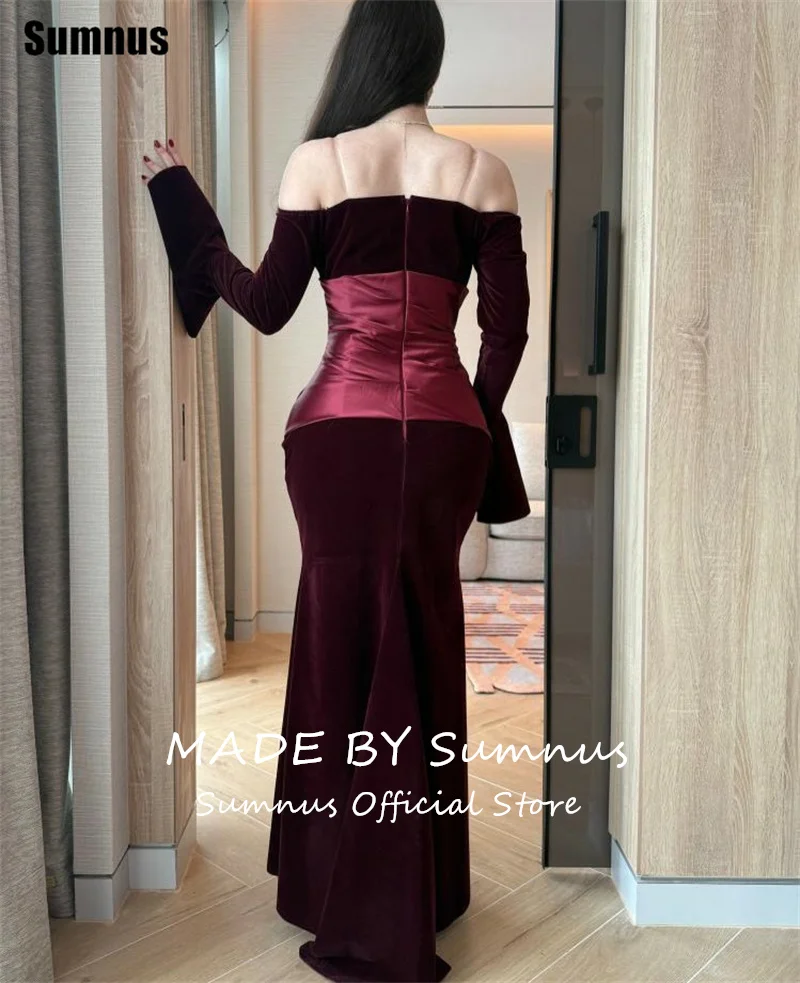 Sumnus Encantadores vestidos de fiesta de sirena Vestido de noche maxi con hombros descubiertos de terciopelo burdeos فmireسات
