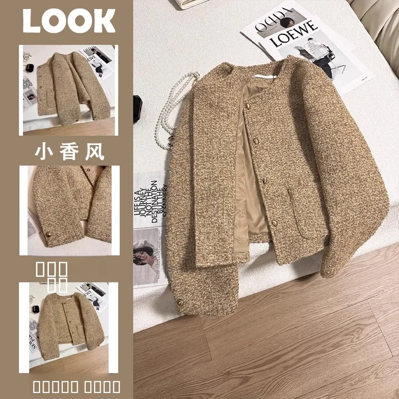 

Женский твидовый жакет цвета хаки премиум-класса для осени и зимы, свободного кроя, с карманами, с блестящей поверхностью, яркий цвет