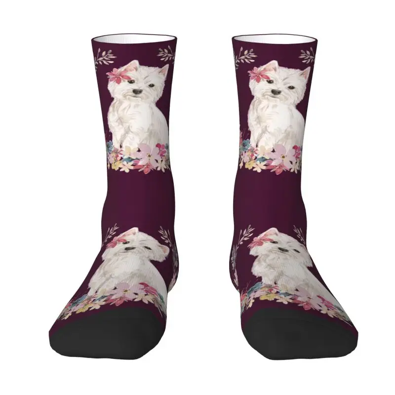 West Highland White Terrier With Flowers Mens Crew Socks Unisex Novelty 3D Printing Westie Dog Dress Socks