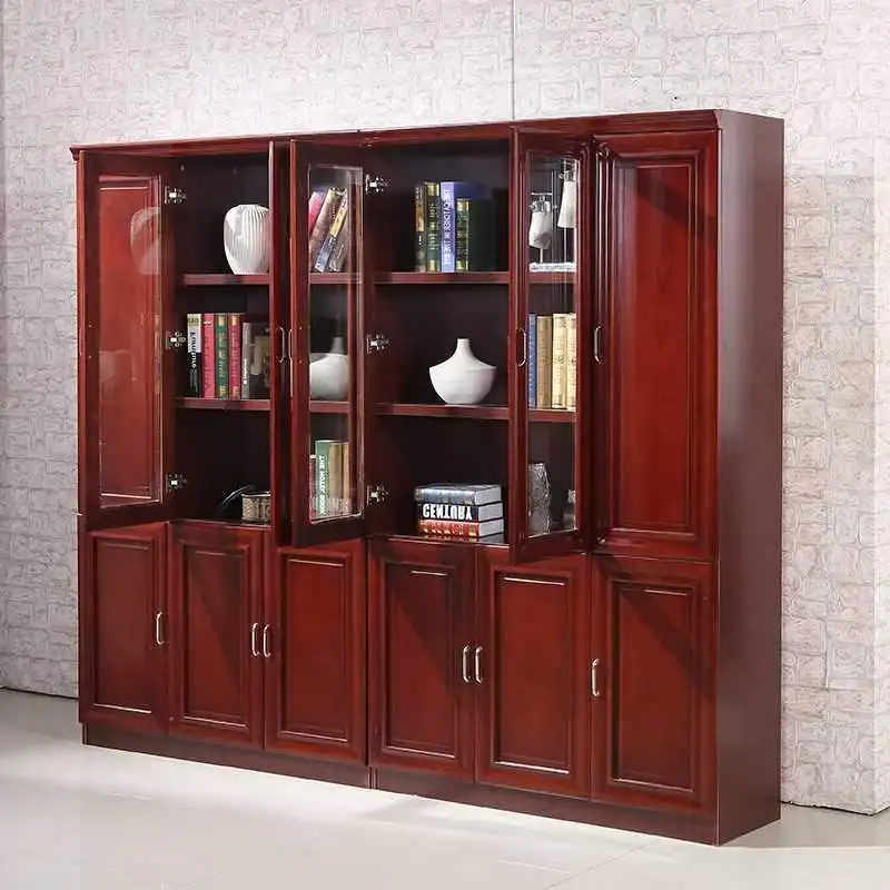 Red MDF veneer walnut paint bookcase, combination bookcase multi-door bookcase