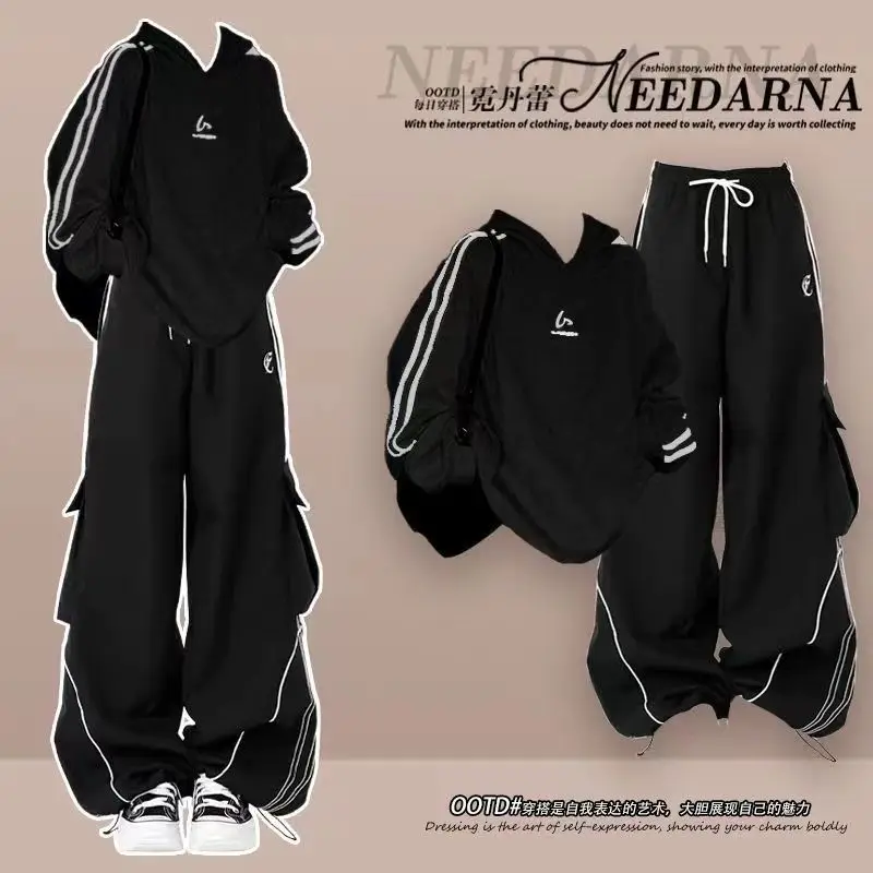 

Spring Autumn Suit 2025 New Korean College Style Striped Hooded Sweatshirt with Slim Cargo Pants Two-piece Set