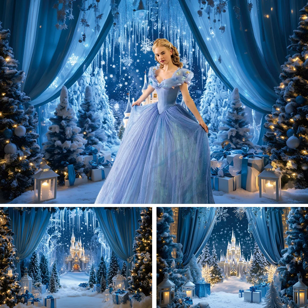 

Merry Christmas Backdrops Blue House Snow Castle Tree Gifts Family Party Photography Background Baby Photo Photographic Props