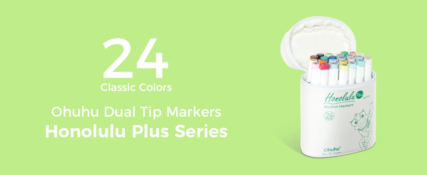 Ohuhu Honolulu Plus 24 Colors Alcohol Markers Double Tipped Art Marker Set Refillable Marker Pen Coloring Illustrations Drawing