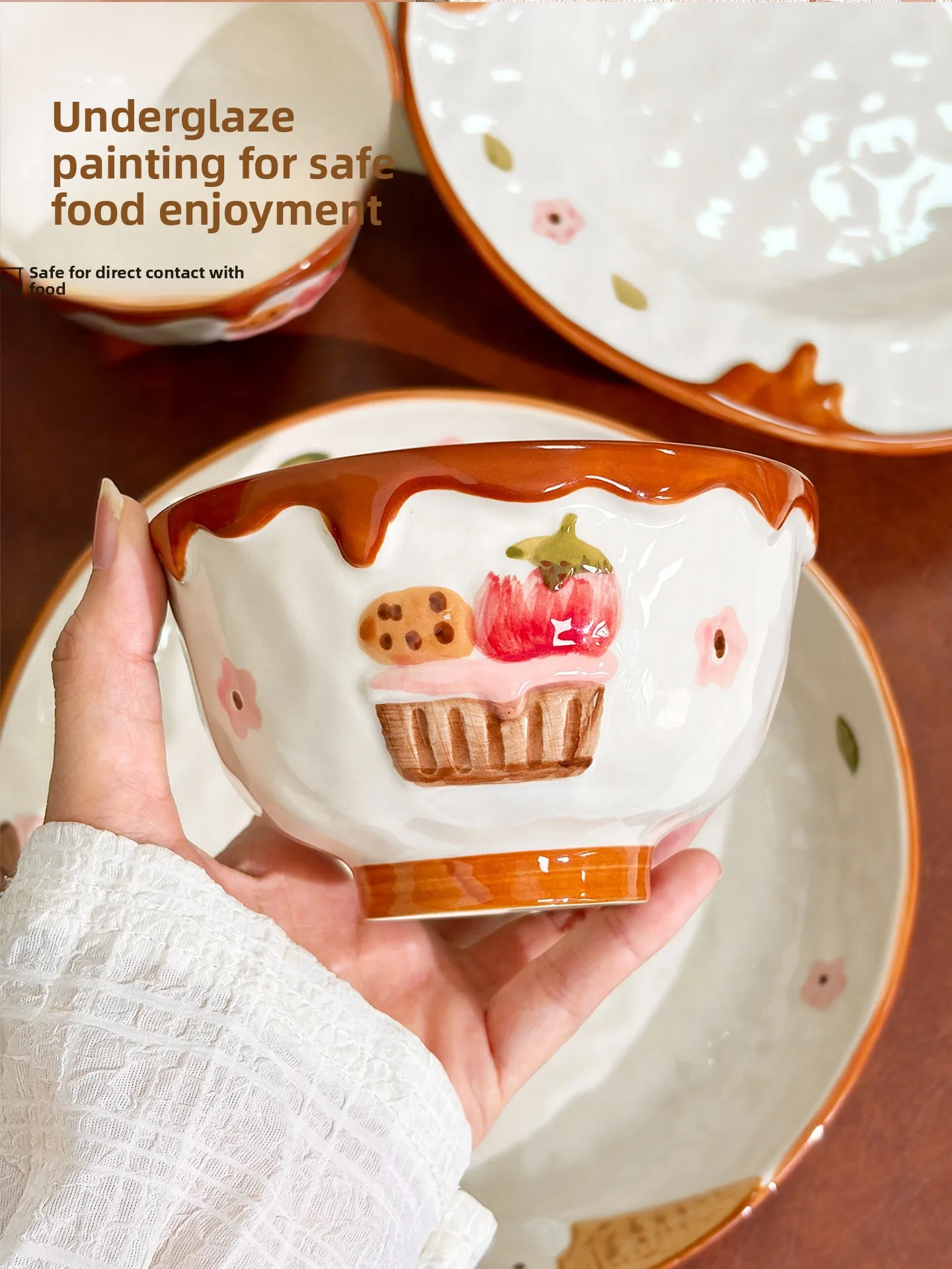 

Милая керамическая тарелка-миска для риса, многофункциональная посуда с мультяшным рисунком, подглазурная роспись, универсальная, для микроволновой печи