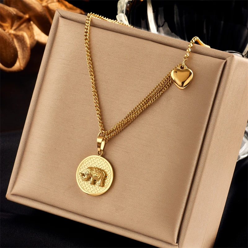 316L Stainless Steel New Fashion Fine Jewelry Heart Round Carved Elephant Charm Thick Chain Choker Necklaces Pendants For Women